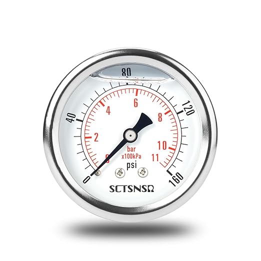 2-1/2" Dial Size, 0-160 Psi Pressure Gauge, Glycerin Liquid Filled, 1/4" NPT Back Mount, Stainless Steel Case, for Air Compressor, Well Pump, Water, RV, Tire, CO2, Pipe, Gas, Pressure Test