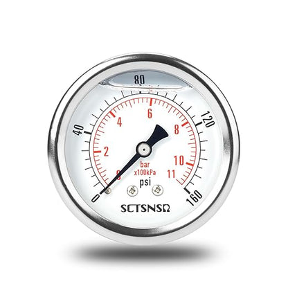 2-1/2" Dial Size, 0-160 Psi Pressure Gauge, Glycerin Liquid Filled, 1/4" NPT Back Mount, Stainless Steel Case, for Air Compressor, Well Pump, Water, RV, Tire, CO2, Pipe, Gas, Pressure Test