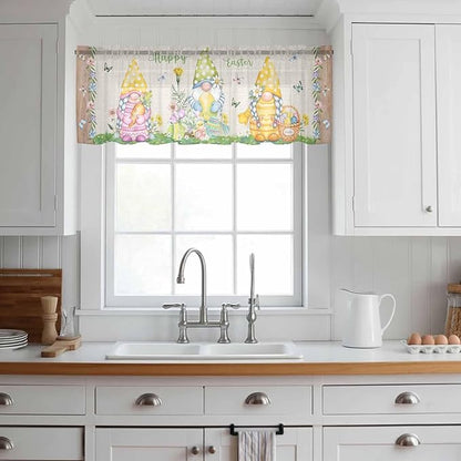 Easter Sheer Valances for Windows 54"x18", Light Filtering Kitchen Curtains Valance, Rustic Gnomes Duck Floral Colorful Eggs Wooden Grain Rod Pocket Chiffon Curtains for Living Room Bedroom Cafe