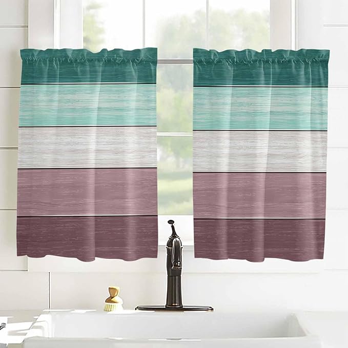 Retro Farm Woodcuts Texture Window Valance Curtains, Green Brown Gradient Light Filtering Kitchen Valance with 3-inch Rod Pocket for Living Room Bathroom Bedroom,2 Panel,27.5x45In