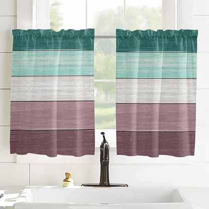 Retro Farm Woodcuts Texture Window Valance Curtains, Green Brown Gradient Light Filtering Kitchen Valance with 3-inch Rod Pocket for Living Room Bathroom Bedroom,2 Panel,52x54In