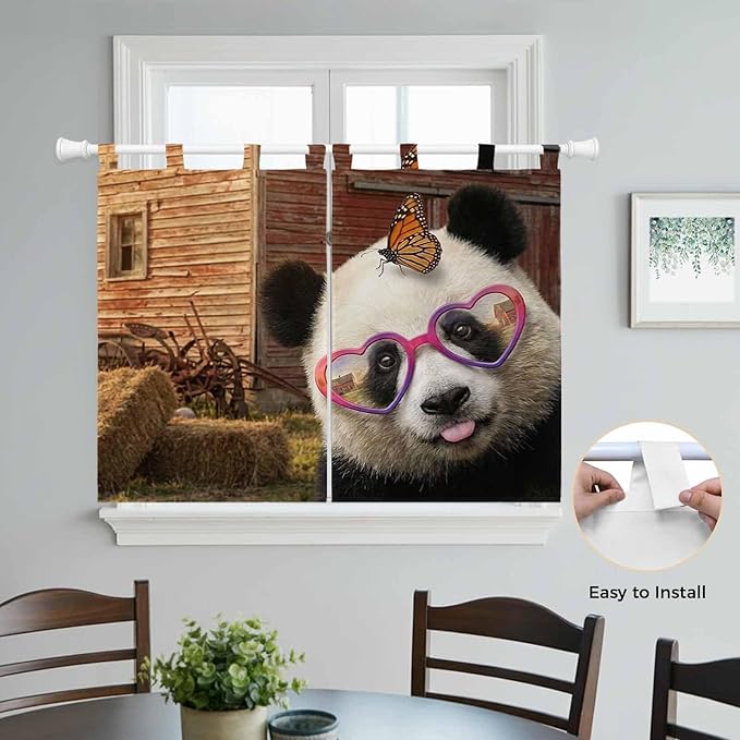 Farm Panda Kitchen Curtains 45 Inch Length, Short Cafe Window Curtains Tab Top, Farmhouse Barn Funny Animals Butterfly Light Filtering Window Treatments Tier Drapes 27.5"x45" 2 Panel