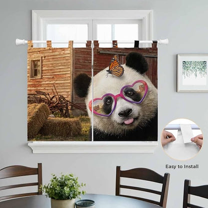 Farm Panda Bedroom Curtains 63 Inch Length, Window Curtains Tab Top, Farmhouse Barn Funny Animals Butterfly Light Filtering Window Treatments Drapes 42"x63" 2 Panel
