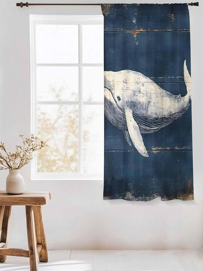 Sheer Curtains 63 Inch Length, Ocean Vintage Whale Semi Sheer Curtains Light Filtering Window Treatment, Summer Retro Wood Grain Privacy Voile Drapes for Living Room Bedroom 52x63 Inch