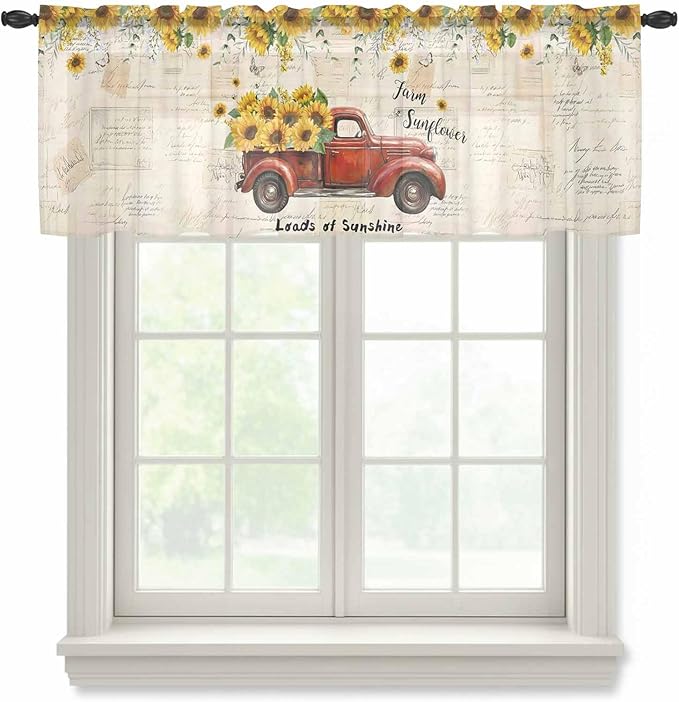 Farmhouses Sunflowers Sheer Valance Curtains, Retro Floral Leaves Red Truck Vintage Light Filtering Kitchen Valances Rod Pocket Voile Curtain Window Treatment for Bedroom/Living Room/Basement 42Wx12L