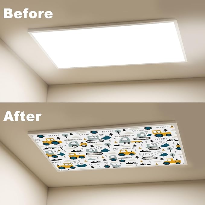 4 Pcs Fluorescent Light Covers for Ceiling Lights Construction Vehicle Excavators Trucks Mountains Decorative Magnets Light Filters for Office Home Classroom Must Haves 4’ x 2’