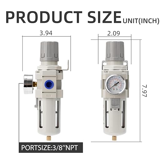 Industrial Air Compressor Filter Regulator Combo 3/8" NPT 0-150 PSI w/Semi-Auto Drain,5 Micron Water Separator for Pneumatic Tools