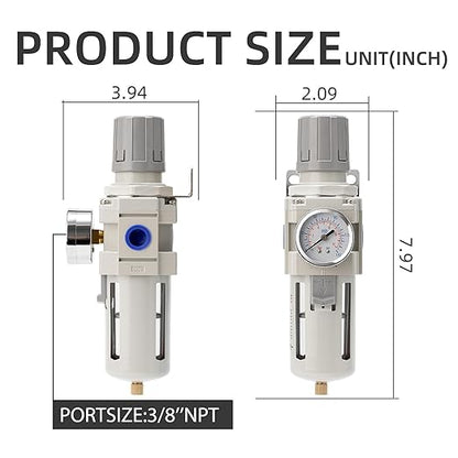 Industrial Air Compressor Filter Regulator Combo 3/8" NPT 0-150 PSI w/Semi-Auto Drain,5 Micron Water Separator for Pneumatic Tools