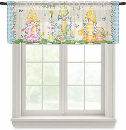 Easter Sheer Valances for Windows 54"x18", Light Filtering Kitchen Curtains Valance, Gnomes Colorful Eggs Butterfly Flowers Blue Check Rod Pocket Chiffon Curtains for Living Room Bedroom Cafe