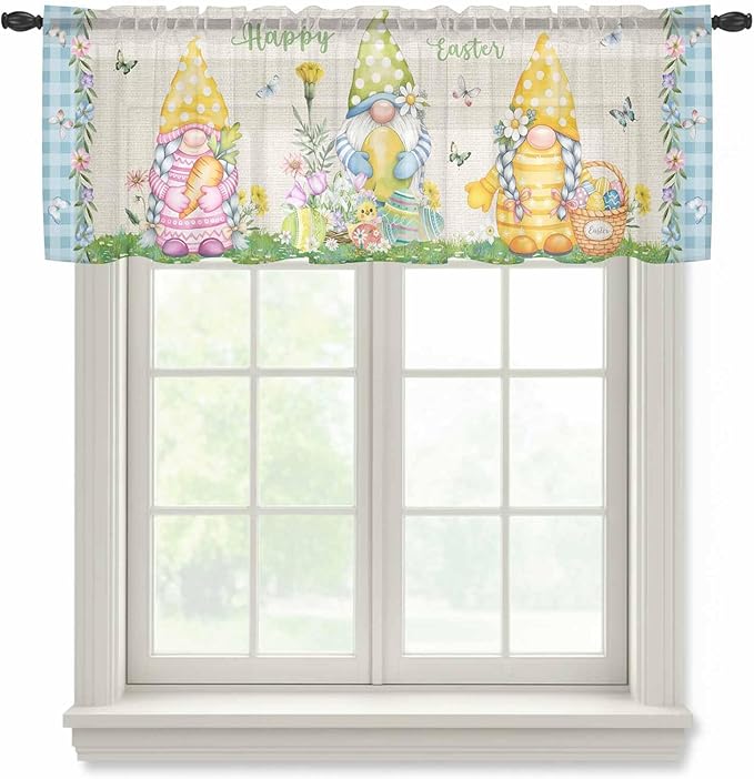 Easter Sheer Valances for Windows 60"x18", Light Filtering Kitchen Curtains Valance, Gnomes Colorful Eggs Butterfly Flowers Blue Check Rod Pocket Chiffon Curtains for Living Room Bedroom Cafe