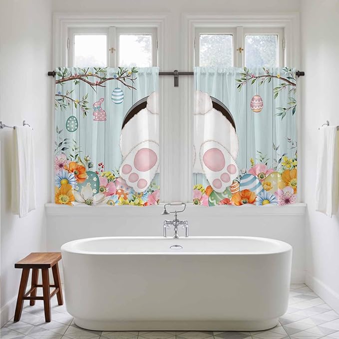 Easter Bunny Kitchen Curtains 54 Inch Long 2 Panel Set,Rod Pocket Window Curtains Panels,Easter Eggs Spring Farmhouse Wood Grain Teal Blue Light Filtering Privacy Draperies for Bedroom 42"W x 54"L