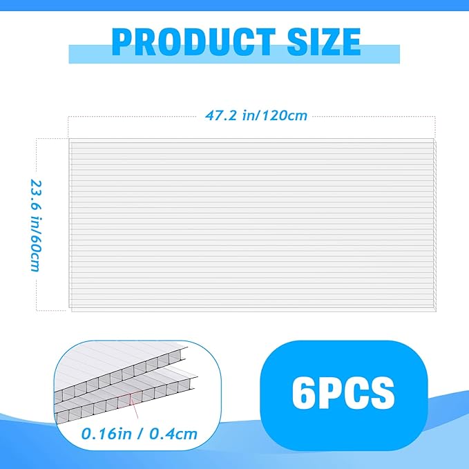 6 Pack Polycarbonate Greenhouse Panels, 4' x 2' x 0.16" Twin-Wall Polycarbonate Sheets for All Weather Greenhouse Covering, Excellent Light Transmission & Weather Resistance for Optimal Plant Growth
