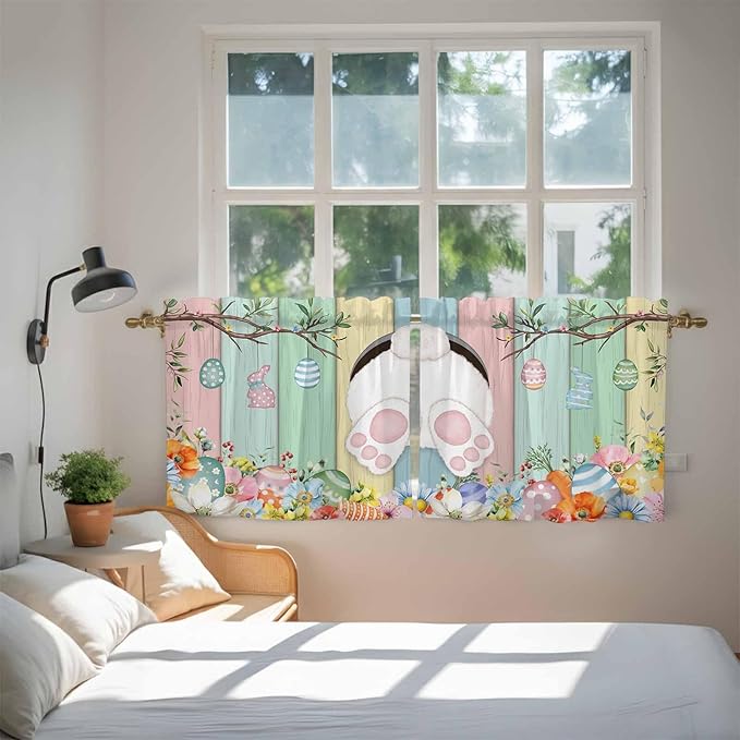Easter Kitchen Tier Curtains 36 Inch Long 2 Panel Set,Rod Pocket Half Window Curtains Over Sink,Spring Colorful Bunny Eggs Flower Wood Grain Light Filtering Short Drapes Cafe 27.5"W x 36"L