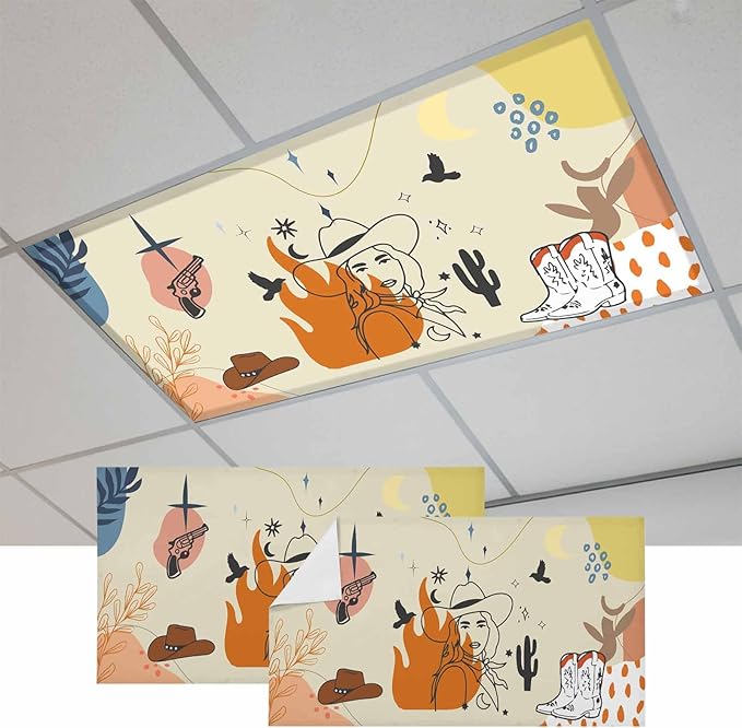Fluorescent Light Covers for Ceiling Lights Boho Abstract Geometric Magnetic Light Filters 2 Pack 4x2 ft Cactus Cowboy Hat Ceiling Lights Cover for Classroom Office School Home Drop Lamp Decor