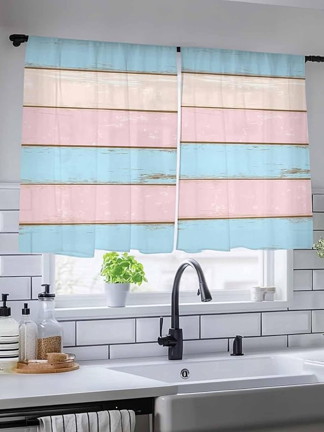Sheer Curtains 45 Inch Length, Pink Blue Wood Grain Semi Sheer Curtains Light Filtering Window Treatment, Farmhouse Country Shabby Striped Privacy Voile Drapes for Living Room Bedroom 52x45 Inch