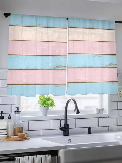 Sheer Curtains 45 Inch Length, Pink Blue Wood Grain Semi Sheer Curtains Light Filtering Window Treatment, Farmhouse Country Shabby Striped Privacy Voile Drapes for Living Room Bedroom 52x45 Inch