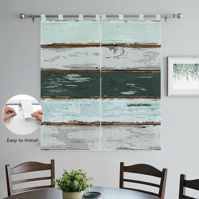 Blue Teal Bathroom Curtains 63 Inch Length, Window Curtains Tab Top, Vintage Wooden Retro Art Farmhouse Barns Light Filtering Window Treatments Drapes 52"x63" 2 Panel