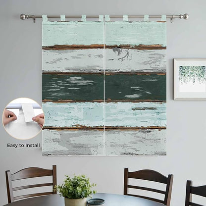 Blue Teal Bathroom Curtains 63 Inch Length, Window Curtains Tab Top, Vintage Wooden Retro Art Farmhouse Barns Light Filtering Window Treatments Drapes 52"x63" 2 Panel