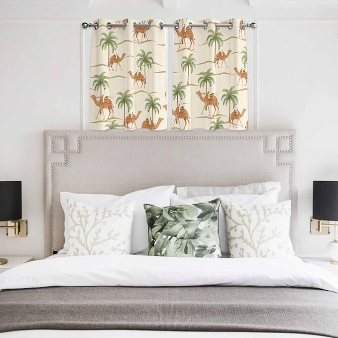 2 Panel Kitchen Cafe Curtains, Date Coconut Tree Sunlight Filtering Nature Air Through, Home Decor Window Covering Tier Curtains for Bedroom Living Room Desert Camels Botanical Tropical Beige