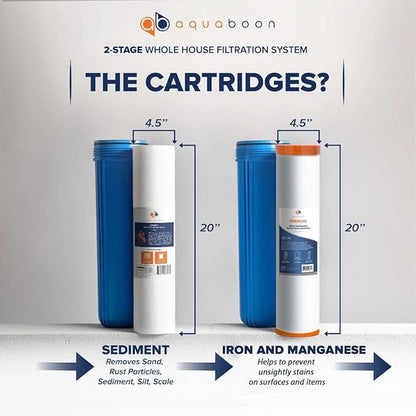 Aquaboon 2-Stage Whole House Water Filter System with Prefilter, 20x4.5 Iron & Manganese, Sediment Filters, Pressure Gauge & Release, Wrench, Freestanding Steel Frame