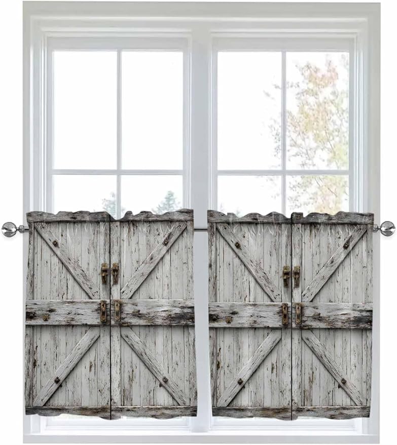 Vintage Gate Half Window Curtain 36 Inches Long, Farmhouse Wooden Grain Shabby Chic Door Window Treatment Curtain Drapes, Small Tier Curtains for Bathroom Over Sink, 27.5"x36", 2 Panels