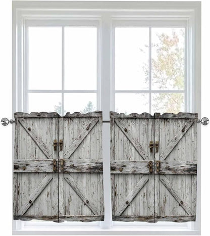Vintage Gate Half Window Curtain 36 Inches Long, Farmhouse Wooden Grain Shabby Chic Door Window Treatment Curtain Drapes, Small Tier Curtains for Bathroom Over Sink, 27.5"x36", 2 Panels