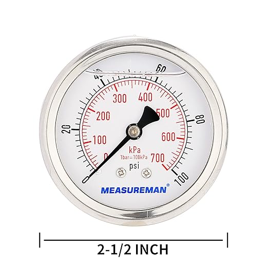 MEASUREMAN 2-1/2inch Dial Size, Glycerin Filled Pressure Gauge, 0-100psi/kpa, 304 Stainless Steel Case, 1/4 Inch NPT Center Back Mount