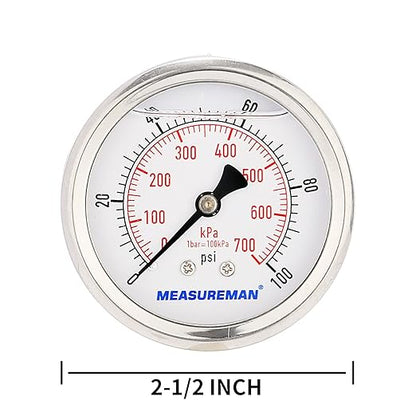 MEASUREMAN 2-1/2inch Dial Size, Glycerin Filled Pressure Gauge, 0-100psi/kpa, 304 Stainless Steel Case, 1/4 Inch NPT Center Back Mount