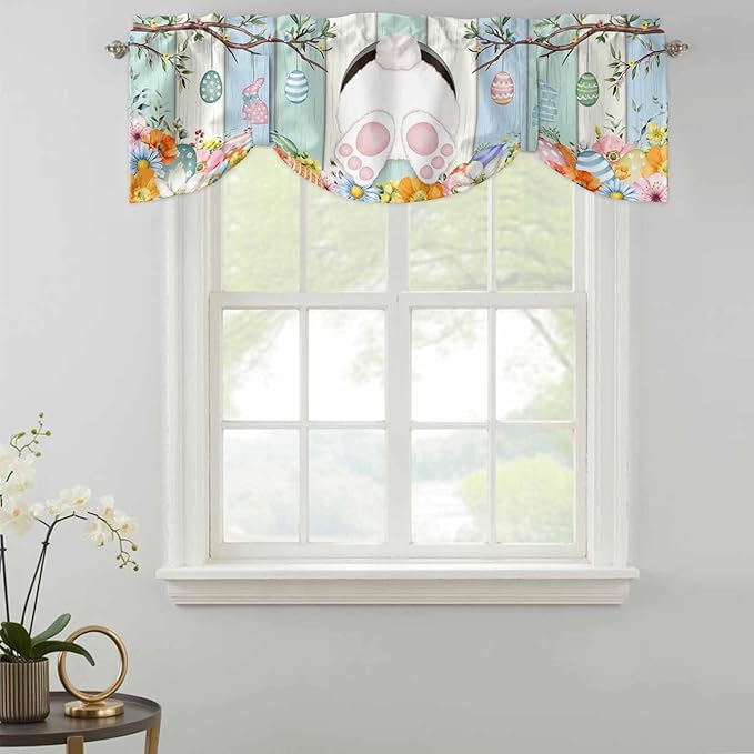 Easter Tie Up Valance Curtains for Windows, Kitchen Curtains Window Shades, Spring Watercolor Bunny Eggs Wood Grain Teal Blue Light Filtering Roman Curtain Valances for Bedroom/Bathroom/Cafe 54"x18"
