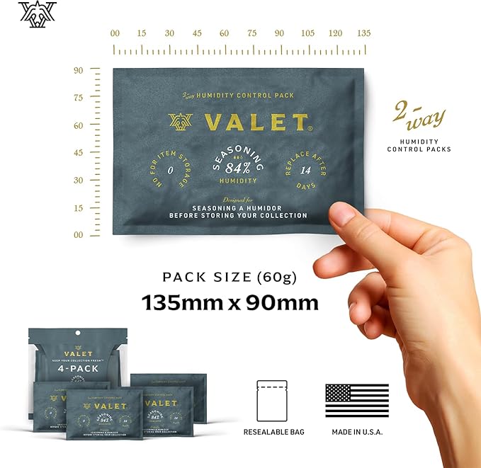 Valet 84% Two-Way Humidity Packs for Wood Containers, 12-Pack, 60g Each, Humidifier Pack Prevents Leaks and Controls Moisture with Natural Craft Paper Design