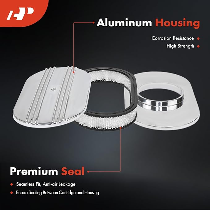 A-Premium Universal Air Cleaner Filter Assembly - Compatible with 15" x 2", Oval Chrome Polished Half Finned Air Cleaner