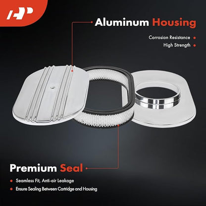 A-Premium Universal Air Cleaner Filter Assembly - Compatible with 15" x 2", Oval Chrome Polished Half Finned Air Cleaner