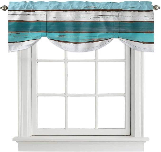 Turquoise Teal Tie Up Valance Curtains for Windows, Kitchen Curtains Window Shades, Farmhouse Retro Ombre Wooden Grain Light Filtering Roman Curtain Valances for Bedroom/Bathroom/Cafe 42"x18"