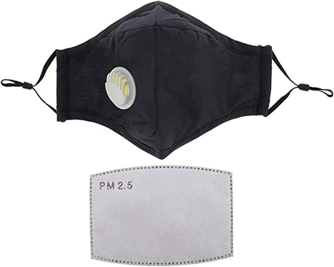 ASA TECHMED Reusable Dual Air Breathing Valve Face Mask Cover with Activated Carbon Filter (Black with valve)