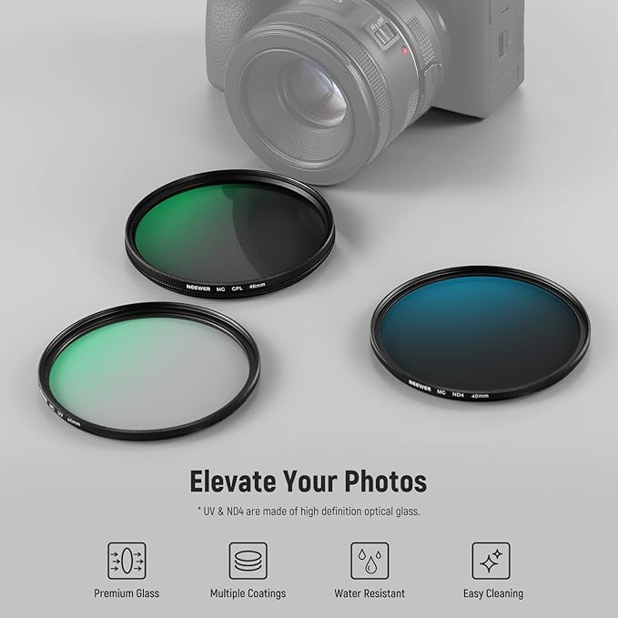 NEEWER 46mm UV/CPL/ND Lens Filter Kit with Hard Shell Storage Case, Multicoated Optical Glass & Aluminum Alloy Frame, UV + Circular Polarizer (CPL) + Neutral Density (ND4) Filter for Camera Lens