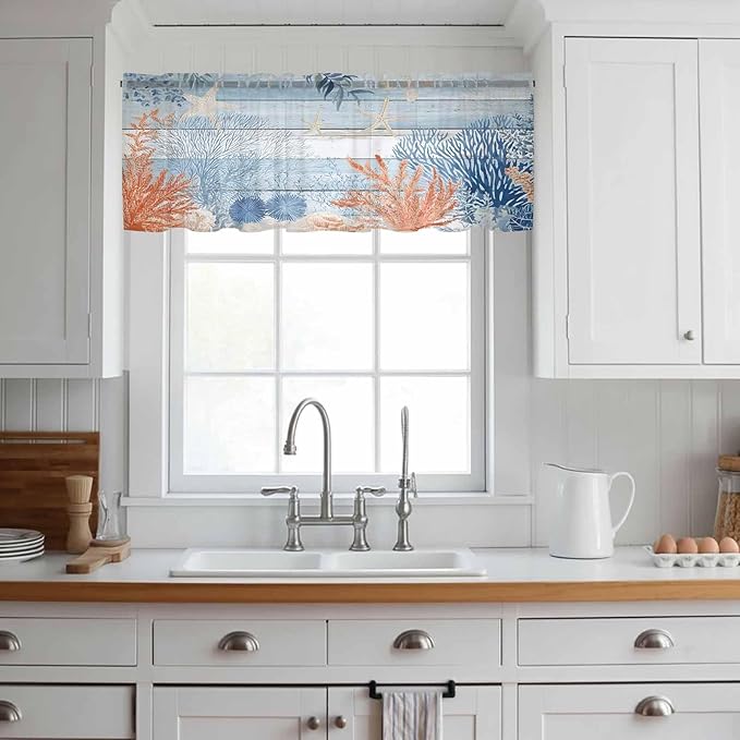 Ocean Corals Sheer Valance Curtains, Summer Beach Coral Sea Stars Blue Wood Grain Light Filtering Kitchen Valances Rod Pocket Voile Curtain Window Treatment for Bedroom/Living Room/Basement 60Wx18L
