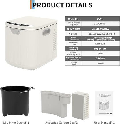 2.5L Electric Composter Countertop, 3 Modes Kitchen Smart Compost Bin with Auto Cleaning, LED Display, Turns Kitchen Waste Into Dry Manure, Low Noise Food Waste Compost Machine