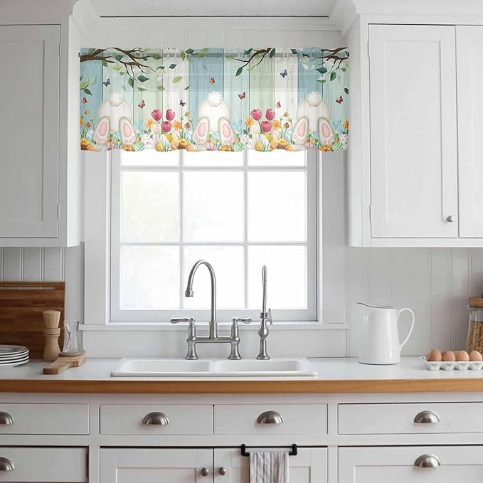 Easter Sheer Valances for Windows 60"x18", Light Filtering Kitchen Curtains Valance, Spring Watercolor Eggs Country Tulip Wooden Grain Rod Pocket Chiffon Curtains for Living Room Bedroom Cafe