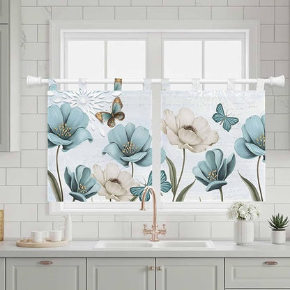 Blue Tulips Kitchen Curtains 24 Inch Length, Small Window Curtains Tab Top, Watercolor Flowers Butterfly Spring Farmhouse Blue Light Filtering Short Window Treatments Tier Drapes 27.5"x24" 2 Panel