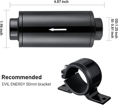 EVIL ENERGY Inline Fuel Filter 100 Micron with Barb 1/2", 3/8", 5/16" Fitting Adapter, Bracket Clamp 50MM Universal Aluminum Black for Gasoline, Diesel, Rubber Fuel Line