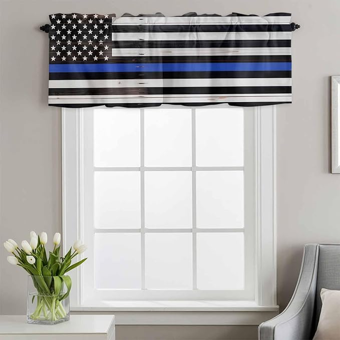 American Flag Valances for Windows, Blue Line Star Black White Stripes Wood Grain Kitchen Valance Light Filtering Rod Pocket Short Curtains for Kitchen Bathroom, 1 Panel, 54"x18"