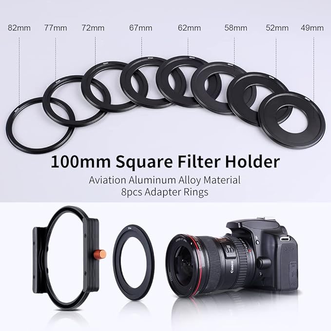 K&F CONCEPT Metal Filter Holder + 8 Filter Adapter Rings (49/52/58/62/67/72/77/82mm) for Square Lens Filter