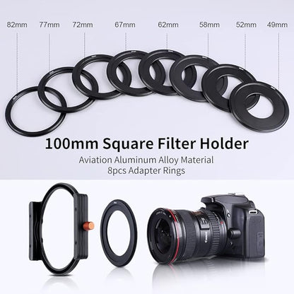 K&F CONCEPT Metal Filter Holder + 8 Filter Adapter Rings (49/52/58/62/67/72/77/82mm) for Square Lens Filter