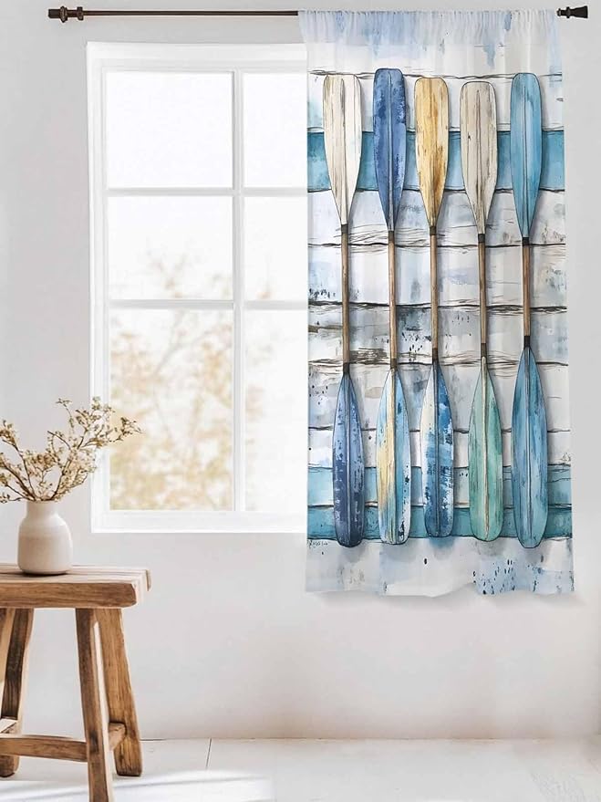 Sheer Curtains 72 Inches Long, Lake Paddle Striped Semi Sheer Curtains Light Filtering Window Treatment, Watercolor Vintage Wood Grain Privacy Voile Drapes for Living Room Bedroom 52x72 Inch