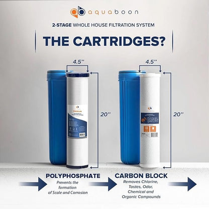 Aquaboon 2-Stage Whole House Water Filter System with 20x4.5 Sediment/Anti-Scale, Carbon Block Filters, Pressure Gauges & Release, Wrench, Bracket