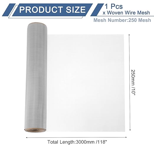 uxcell 250 Mesh 118" x 10" Woven Wire Mesh, 316 Stainless Steel Air Vent Filter Screen, Window Screen Mesh for DIY Projects Vents Cover Filtration Animals Fence