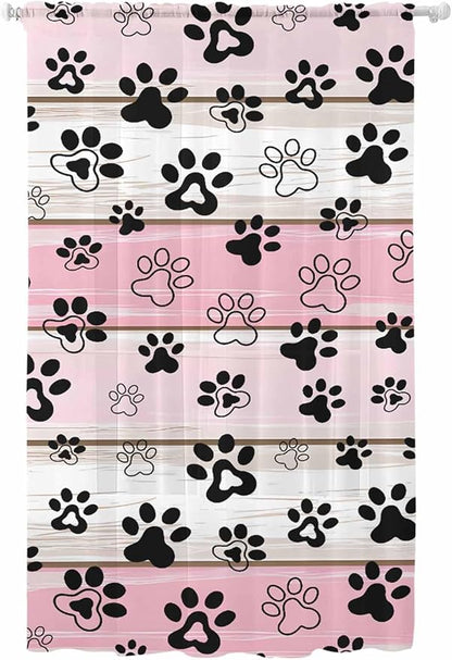 Sheer Curtains 84 Inches Long, Pink Beige Paw Print Semi Sheer Curtains Light Filtering Window Treatment, Vintage Farmhouse Country Wooden Grain Privacy Voile Drapes for Living Room Bedroom 52x84 Inch