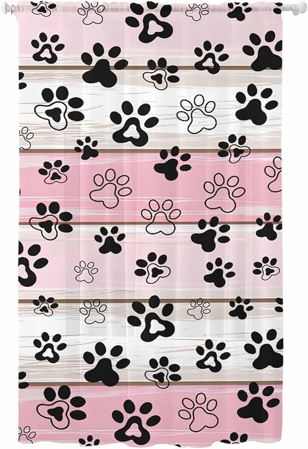 Sheer Curtains 108 Inches Long, Pink Beige Paw Print Semi Sheer Curtains Light Filtering Window Treatment, Vintage Farmhouse Country Wooden Grain Privacy Voile Drapes for Living Room 52x108 Inch