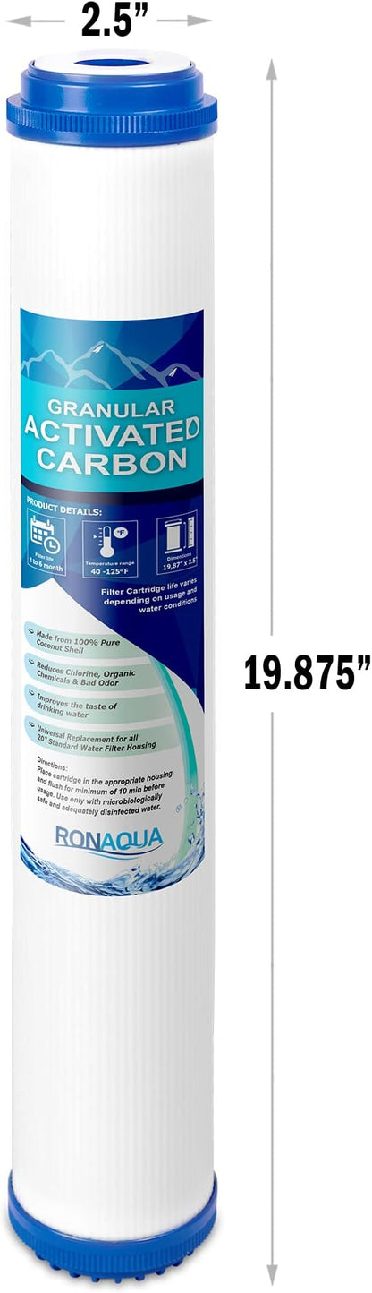 Standard Whole House Coconut Shell Granular Activated Carbon Water Filter 20” x 2.5” Fits 20” x 2.5” Housings. Remove Chlorine and Bad Odor. Compatible with EP-20, HX-CB-25-2010, F3WCB32 Pack of 2