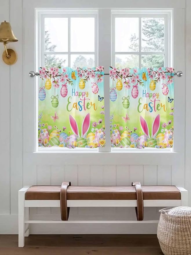 Easter Half Window Curtain 36 Inches Long, Spring Bunny Colorful Rabbit Eggs Butterfly Blue Green Window Treatment Curtain Drapes, Small Tier Curtains for Bathroom Over Sink, 27.5"x36", 2 Panels